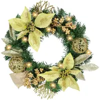 Unyqoos Kerstkrans (30 cm) met LED-verlichting – decoratieve krans voor de deur, tafel of adventsperiode, met kerststerren, bessen, dennentakken en kerstballen
