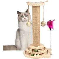 Unyqoos Interactieve houten krabpaal voor katten met draaischijf, houten en kattenkruidbolletjes, sisalstengel, zuignap en zware basis – compact, geschikt voor kleine en middelgrote katten