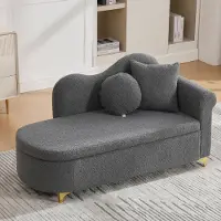 OKWISH Chaise Longue 134 Cm - Met Opbergruimte En Kussens - Voor Woonkamer En Leeshoek - Teddypluche - Antiek Grijs