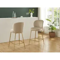 Vente-unique Set van 2 barkrukken van velours en goudkleurig metaal - Beige - POLPONA