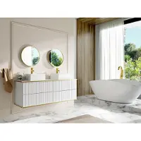Vente-unique Hangmeubel voor badkamer met ribbels en goudkleurige rand met vierkante dubbele opbouwwastafel - Wit - 150 cm - KELIZA