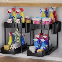 Unyqoos Multifunctionele Keuken en Badkamer Organizer met Uitschuifbare Laden en Extra Haken Zwart Set van 2
