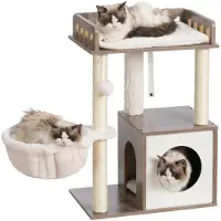 Unyqoos Kraboom in notenhoutstijl met een platform van 30 x 50 cm, een kattenmandje en 2 sisal krabpalen – een stabiele plek voor kleine tot middelgrote katten om te spelen en te rusten