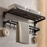 Unyqoos Handdoekenrek met Zelfklevende en Booropties, Zwart, 90° Inklapbare Wandmontage met 4 Haken, 60 cm Lengte