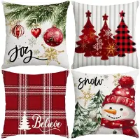 Unyqoos Set van 4 decoratieve kerstkussenhoezen met sneeuwpop en plaid design