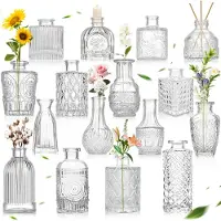 Unyqoos Set van 16 decoratieve mini glazen vazen voor tafeldecoratie en bruiloften, 16 stuks, Glas Kristal