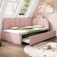 OKWISH Kinderbed 90x200 cm - Dagbed Met Uitschuifbed - L-Vorm - Verwisselbare Zijde - Fluweel - Roze - Zonder Matras