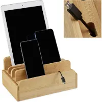 Relaxdays oplaadstation bamboe - meerdere apparaten - tablets en telefoons - 10x22.5x15 cm - naturel