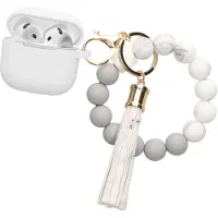 Kwmobile Hoesje voor Apple Airpods 4 Case met Polsbandje – Siliconen Beschermhoes met Sleutelhanger – Hoofdtelefoonhoesje in wit / grijs