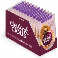 Delickcious volwassen honden natvoer reepjes met kalkoen en kaas in roomsoep 12x85g