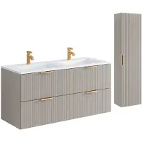Vente-unique Zwevend badkamermeubel met inbouwwastafel en kolomkast - Geribbeld beige kleur - 120 cm - ZEVARA