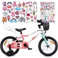 Sun baby Kinderfiets 16 Inch LOOFI, Fiets voor Meisje 4-6 Jaar, lichtgewicht 6.9 kg aluminium frame, met poppenzitje, zijwieltjes, mandje, bel, stickers - Wit-Roze-Mint