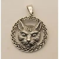925 Zilveren hanger katten pentagram in schakelrand - mooie zilveren hanger duivelse kat - stoere hals hangertje kattenhoofd -gothic kettinghanger van zilver - silver pendant cat with pentagram