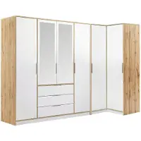 Vente-unique Hoekkast 6 deuren en 3 lades - Met spiegels - B302/311 cm - Wit en naturel - LAMIKI