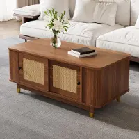 STILVORA Salontafel - Met Rattan Schuifdeuren En Opbergruimte - Voor Woonkamer - MDF In Walnootkleur - 100x50x42 Cm