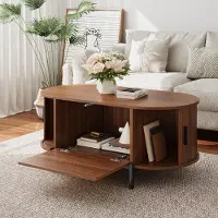 STILVORA Salontafel - Ovale Tafel Met Rotan Schuifdeuren En Opbergruimte - Voor Woonkamer - MDF - 100x50x40 Cm - Walnoot