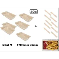 TakeAware 40x Frietbakje met sausvak + 40x Houten snackvork - mt.M - 100% biologisch afbreekbaar - Patat friet frites bakje snack bak food menu A23(A7+1)