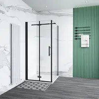 AICA industrial Industriële douchecabine 76x76x195cm vouwdeur en vaste zijwand - 6mm nano veiligheidsglas - ondoorzichtige matte middenstrook - mat zwarte aluminium frame - stabilisatiestang 73-120 cm
