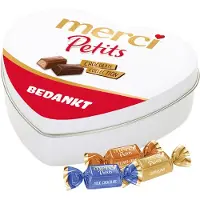 Merci Petits 115g "Bedankt" - Geschenkdoos hartje met mix van individueel verpakte mini chocolaatjes - Chocolade cadeau - Chocolade mix in tinbox
