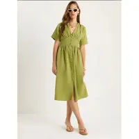 Bianco V-hals Knop Midi Shirt Jurk