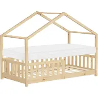 ML-Design Kinderbed huisbed 80x160 cm natuurlijk dennenhout met matras H:10cm uitvalbescherming en lattenbodem