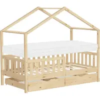ML-Design Kinderbed huisbed 80x160 cm natuurlijk dennenhout met matras H:10cm, 2 laden, uitvalbeveiliging & lattenbodem