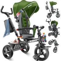 Kidiz Loopfiets Driewieler 5in1 Kinderfiets kinderdriewielerfiets 1 jaar vooruit en achteruit Jogger , mand tas drinkhouder zonnekap rubberen wielen, buggy fiets baby opvouwbaar driewielfiets - Khaki