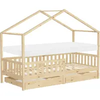 ML-Design Kinderbed huisbed 90x200 cm naturel grenenhout met matras H:10cm, 2 laden, uitvalbeveiliging & lattenbodem