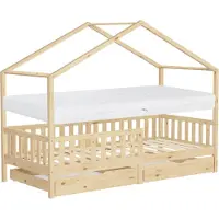 ML-Design Kinderbed Huisbed 90x200 cm naturel van dennenhout met matras H:16cm, 2 laden, uitvalbeveiliging & lattenbodem