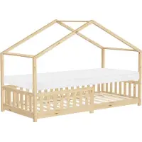 ML-Design Kinderbed Huisbed 90x200 cm natuurlijk dennenhout met matras H:10cm uitvalbescherming en lattenbodem