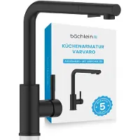 Bächlein Keukenkraan Varvaro 360 graden draaibaar (mat zwart) - Eenhendel keukenkraan van roestvrij staal met uittrekbare slang en sproeier met schakelaar, kraan voor de keuken