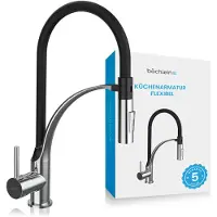 Bächlein Keukenkraan Assaranco 360 graden draaibaar (Chroom) - Eengreeps spoelbakmengkraan met flexibele hals en sproeier met omschakelknop, Keukenkraan met magnetische bevestiging