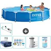 Intex Rond Frame Zwembad - 366 x 76 cm - Blauw - Inclusief Solarzeil - Onderhoudspakket - Zwembadfilterpomp - Filter - Stofzuiger - 6-delig