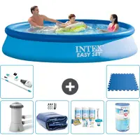 Intex Rond Opblaasbaar Easy Set Zwembad - 366 x 76 cm - Blauw - Inclusief Pomp - Solarzeil - Onderhoudspakket - Filter - Stofzuiger - Vloertegels - 7-delig