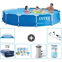 Intex Rond Frame Zwembad - 366 x 76 cm - Blauw - Inclusief Solarzeil - Onderhoudspakket - Zwembadfilterpomp - Filter - Grondzeil - Stofzuiger - 7-delig