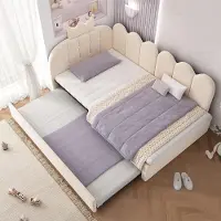 OKWISH Uittrekbare slaapbank, 90x200, kinderbed met uitschuifbaar bed, gestoffeerd bed, éénpersoonsbed, logeerkamerbed, L-vormig hoofdeinde met kroonmotief, ruimtebesparend, beige (zonder matras)