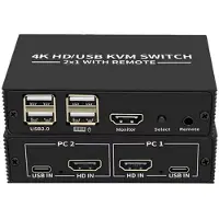 NÖRDIC KVM HDMI switch 2 in naar 1 uit - 4K@60Hz - 4x USB 2.0 - Voor PC, Laptop en Game consoles - Externe Switchknop - Plug & Play
