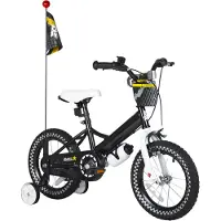 Happiq Kinderfiets – Voor jongens en meisjes – Met mand, bel, extra wielen en poppenzitje, leuk verjaardagscadeau – Zwart, 36 cm