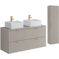 Vente-unique Hangend badkamermeubel met vierkante opzetwastafel en kolomkast - Geribbeld Beige kleur - 120 cm - ZEVARA