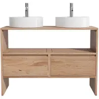Vente-unique Badkamermeubel van massief eikenhout met ronde opbouwwastafel en kraan - Licht naturel - 110 cm - CAVIZO
