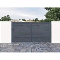 Vente-unique Elektrische schuifpoort in opengewerkt aluminium L374 x H183 cm donkergrijs - PRIMO