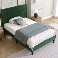 OKWISH Tweepersoonsbedden 90x200 cm - Gestoffeerd Bed Met Lattenbodem En Hoofdeinde - Linnen - Dunkelgreen(Zonder Matras)