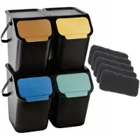 Practic - Set van 4 prullenbak 25L - BINI-afvalscheidingsbakken zwarte deksel, klep in de kleuren + 5 stuks koolstoffilters