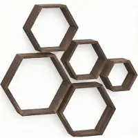 IvoQ Hexagon Wandplanken Set van 5 - FSC Hout - Rustiek Bruin - Zwevende Muurdecoratie