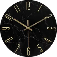 IvoQ Wandklok Marmerlook Zwart - Glas - Ø 30 cm - Stil Uurwerk - Modern & Goud