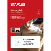 Staples universele etiketten A4 63,5 x 33,9 mm wit (2.400 etiketten)
