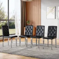 HAUSS SPOLE Eetkamerstoel Set Van 4 - Comfortabel Met Ruitstiksel Rugleuning En Zachte Zitting - Voor Eetkamer En Horeca - Metaal En Kunstleer - Zwart Zilver