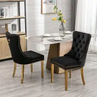 HAUSS SPOLE Eetkamerstoel – Luxe Fluweel Design – Set Van 2 – Hoge Rugleuning Met Knopen & Siernagels – Voor Eetkamer En Woonkamer – Fluweel Zwart