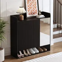 HAUSS SPOLE Schoenenkast - Spiegel En Verticale Deurstructuur - Voor Hal En Woonkamer - MDF Spaanplaat Zwart - 110x35,5x110 Cm