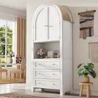 HAUSS SPOLE Opbergkast – Boogtop Met Linnen Bekleding En Metalengrepen – 3 Laden En Gebogen Deuren Met Demping – Open Display – MDF – 70x35x180 cm – Wit